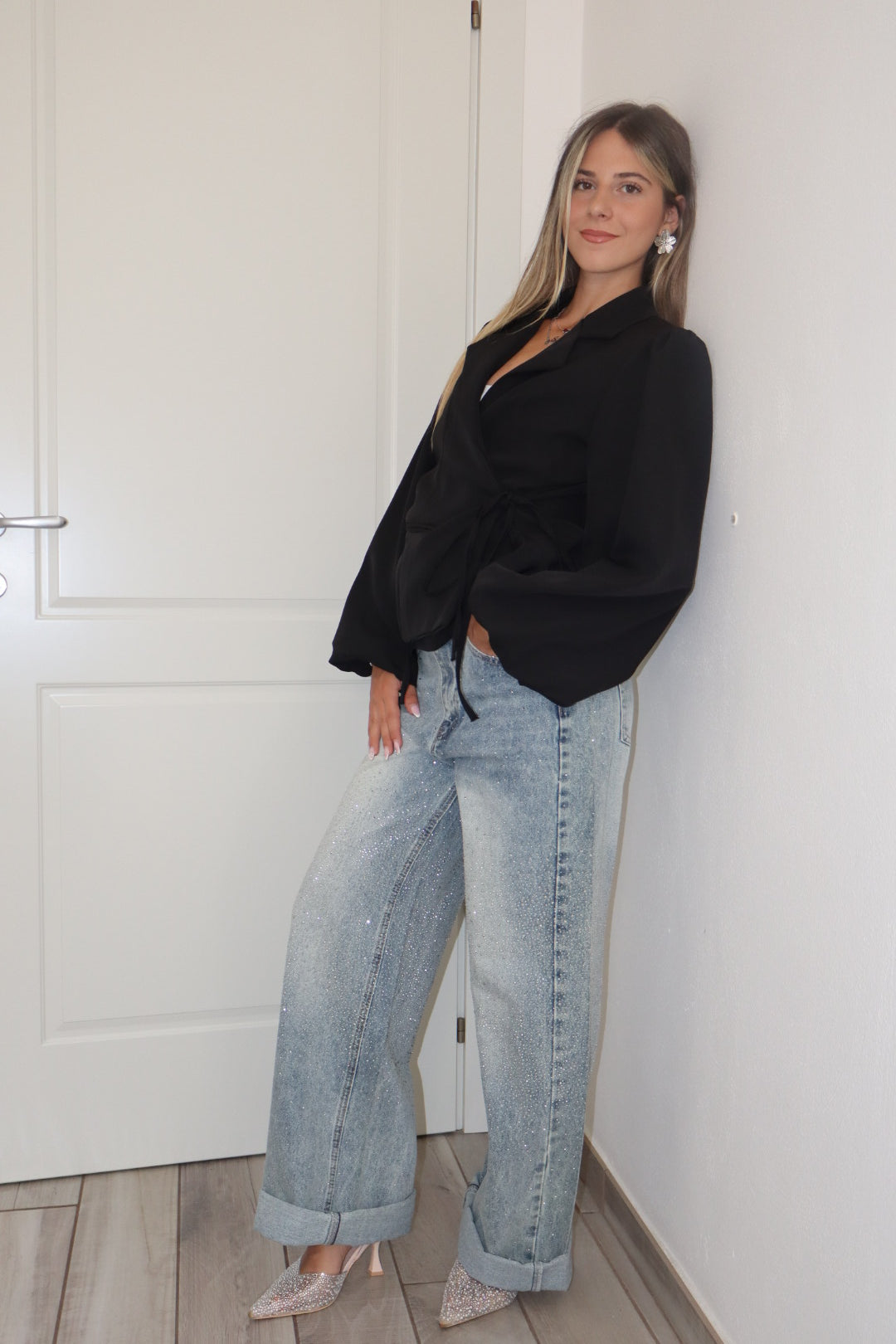 Blazer corto a portafoglio ,nero,beige