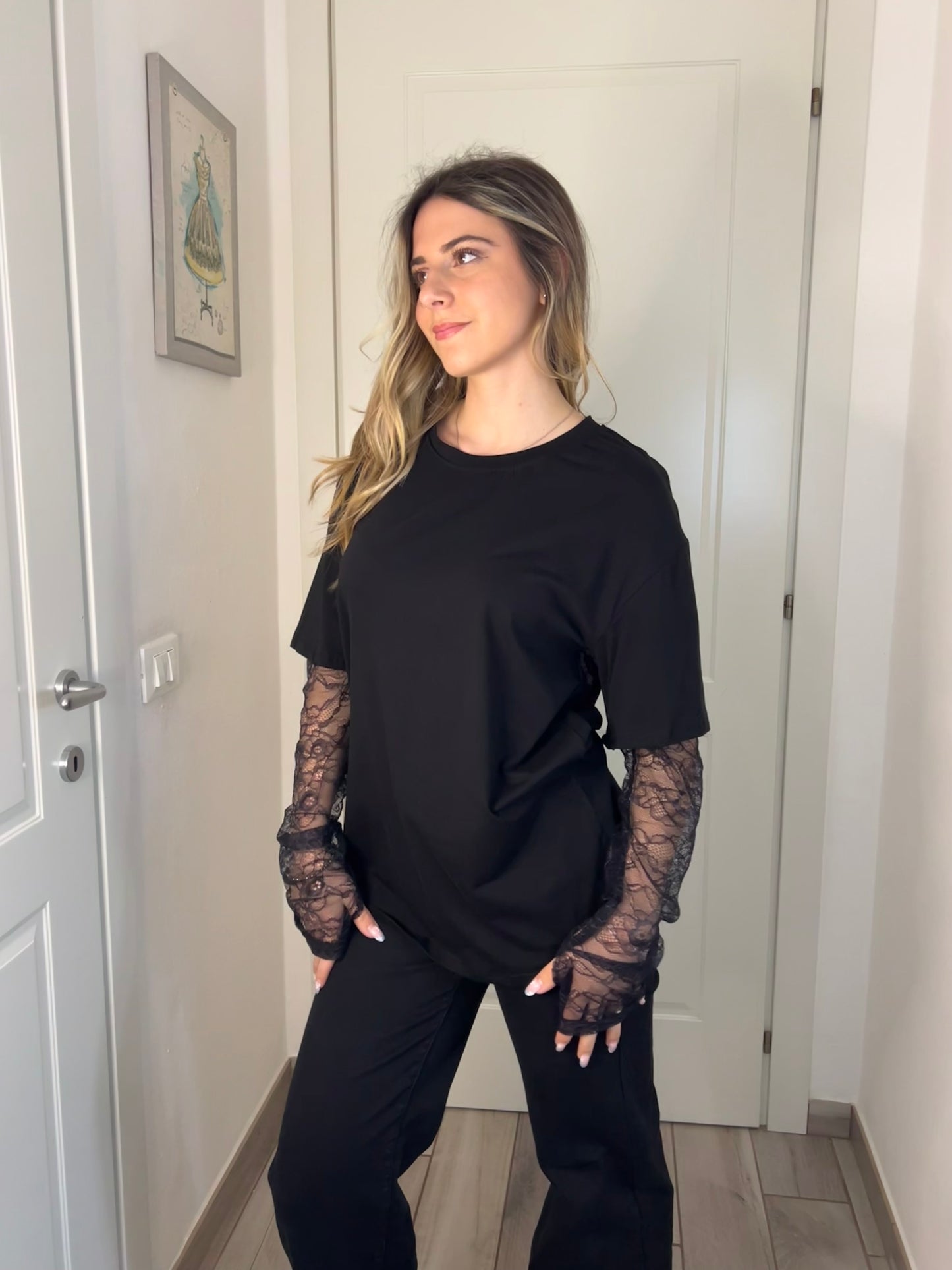 T-shirt maniche pizzo black