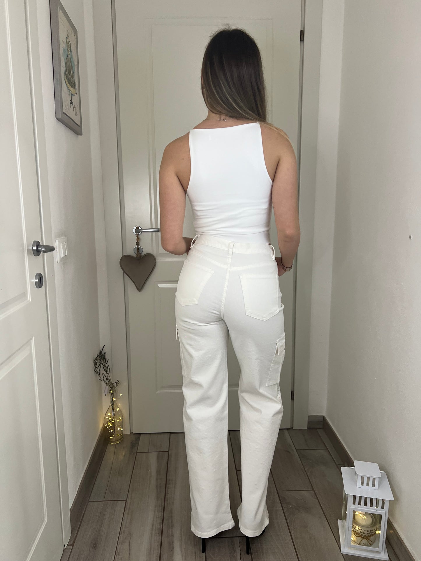 Jeans crystal con tasconi bianco