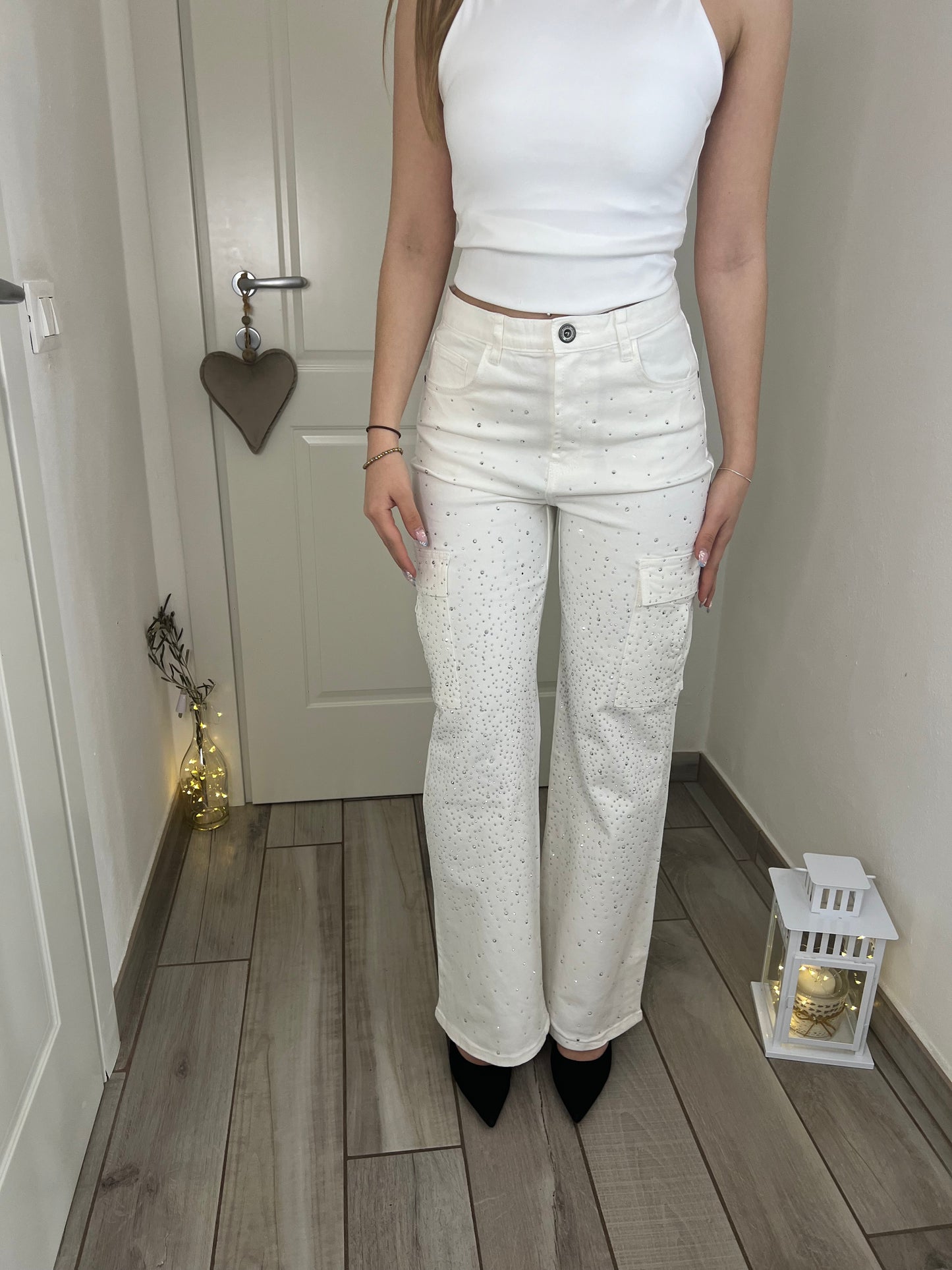 Jeans crystal con tasconi bianco
