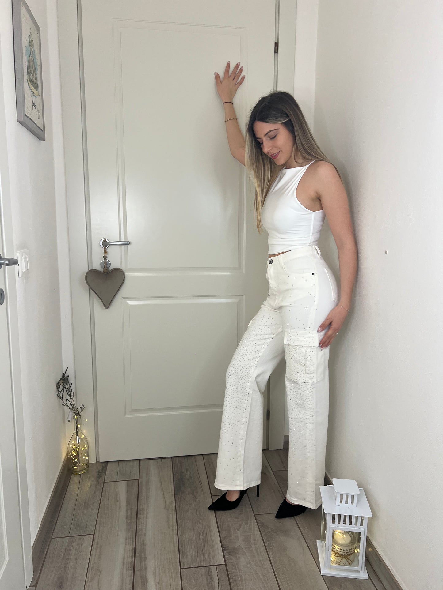 Jeans crystal con tasconi bianco