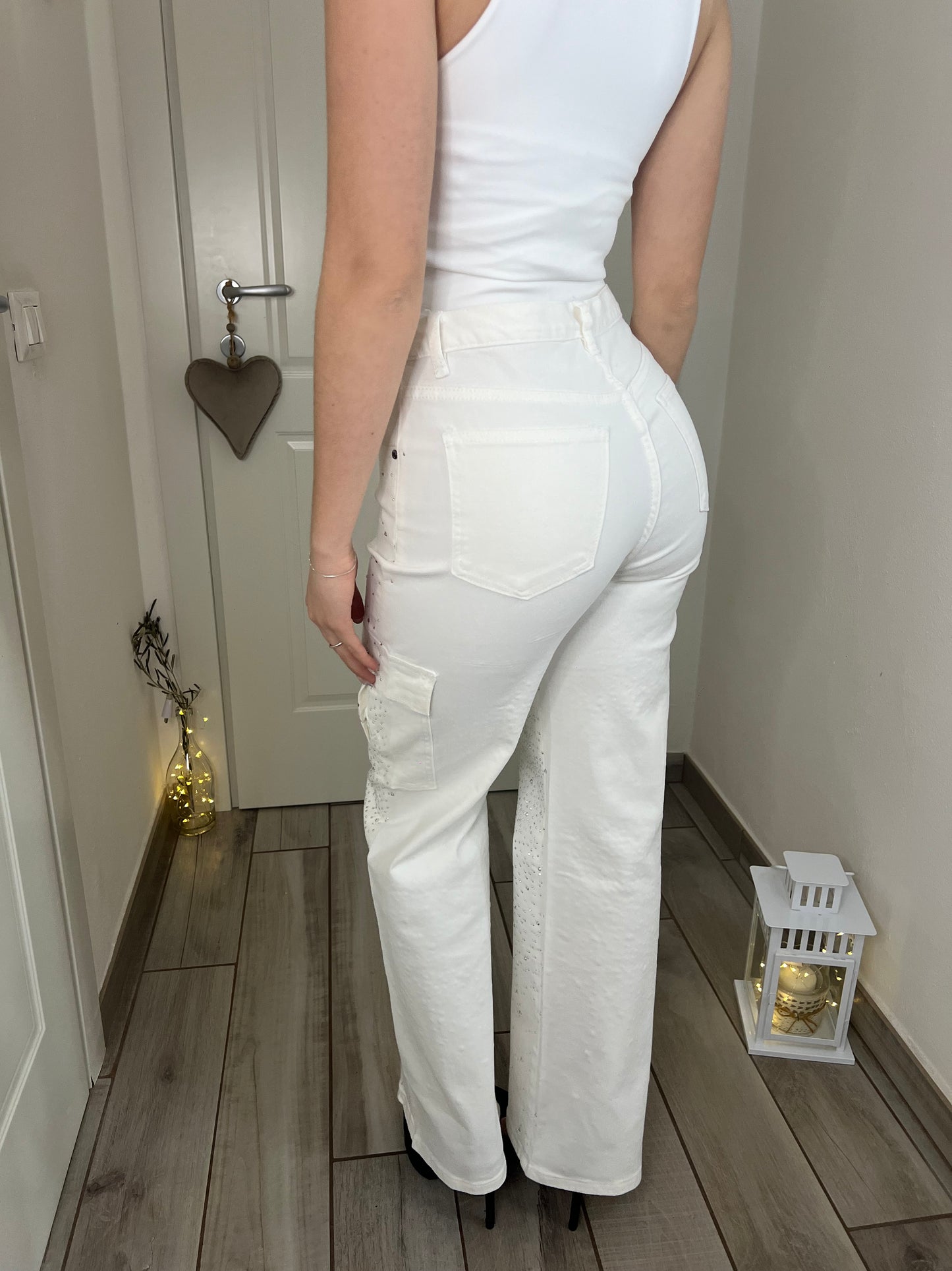 Jeans crystal con tasconi bianco