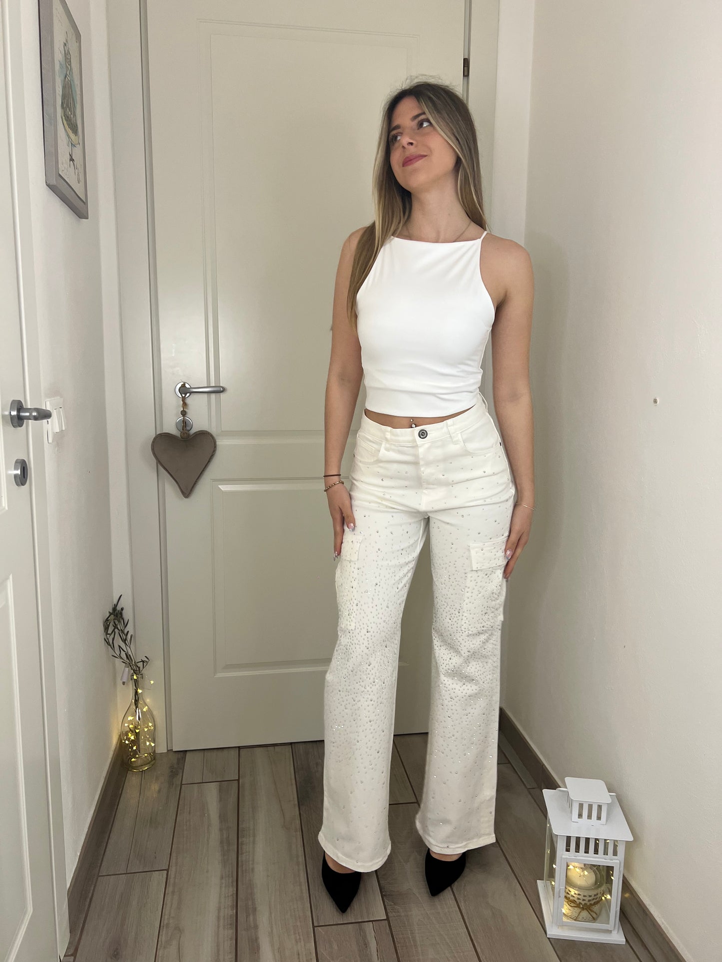 Jeans crystal con tasconi bianco