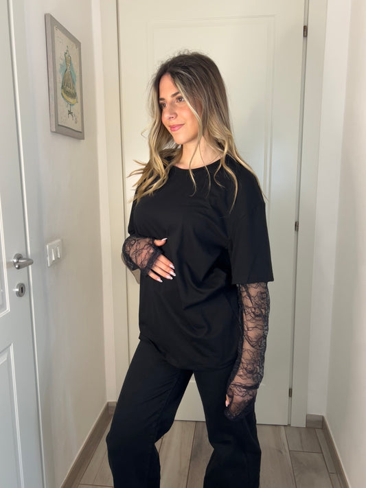 T-shirt maniche pizzo black