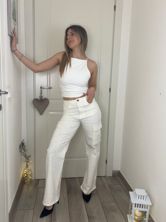 Jeans crystal con tasconi bianco